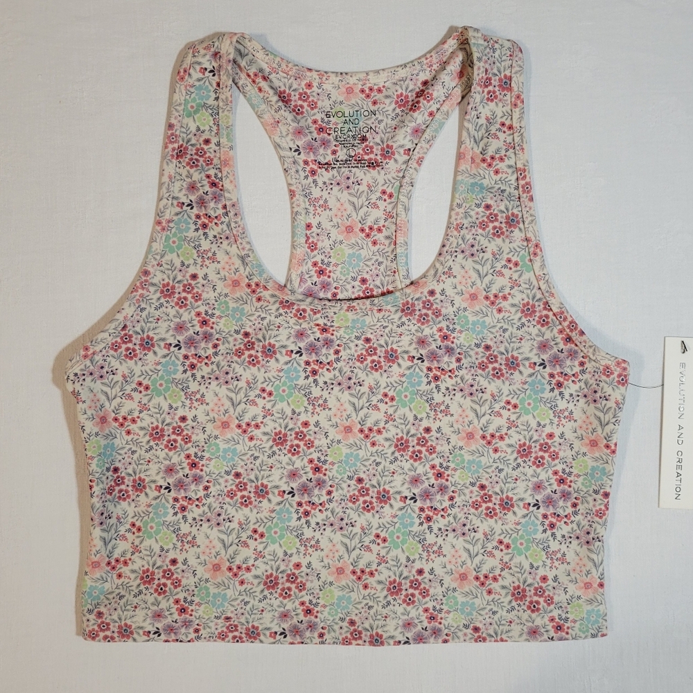 Evolution and Creation (Women's L) Floral Racerback Cropped Scoop Neck Tank Top